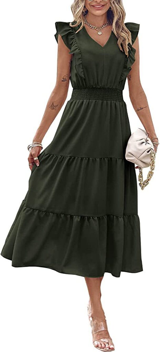 Women's Dark Green V-Neck Ruffle-Sleeve Tiered Maxi Dress
